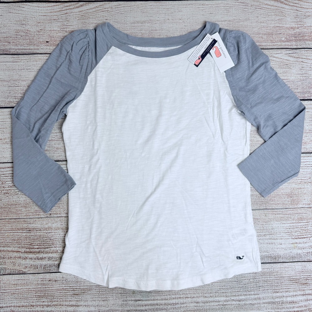 Vineyard Vines Women’s 3/4 Sleeve Blue White Shirt Puckered Shoulder Small